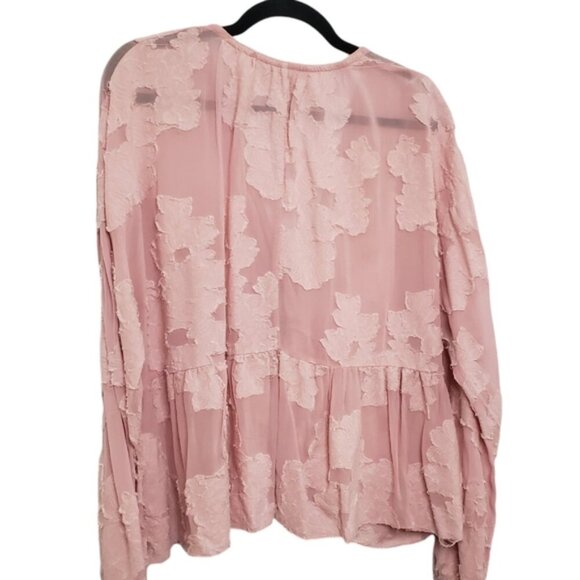 Aritzia Wilfred Pink Sheer Floral Distressed Blouse Peplum Augustine Size Large - Picture 6 of 15